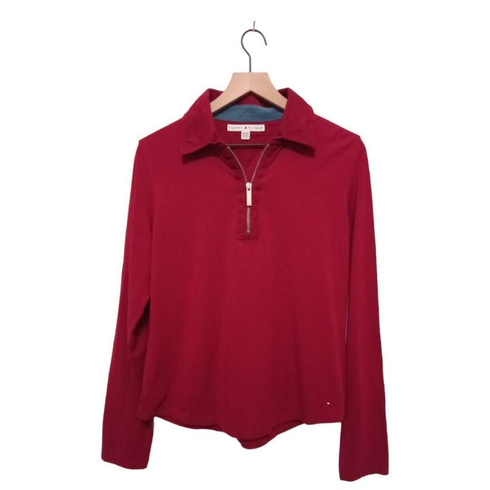TOMMY Hilfiger red Corduroy Collar Fitted Long Sleeve Half Zip Shirt Sz XL